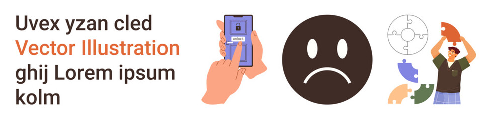 Technology, mental health, problem-solving, innovation, communication, security. A phone with a lock, frowning emoticon and problem-solving visuals. Technology and mental health concepts