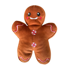 Cute plush gingerbread man toy with embroidered face, peppermint buttons, and icing details, isolated on white. Ideal for Christmas decor and holiday themes.