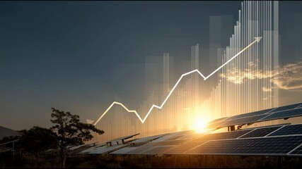 Solar Energy Rising: A dynamic image depicts solar panels harnessing the sun's energy, symbolizing growth and the upward trajectory of sustainable innovation. The radiant sun casts a golden glow. - Powered by Adobe