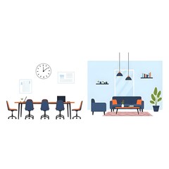 Office spaces illustration Modern meeting room with laptops and living room design with sofa and plants