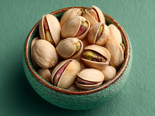 a bowl filled with pistachios, placed on a green background. The pistachios are in their shells, and the bowl is green with a speckled pattern.
