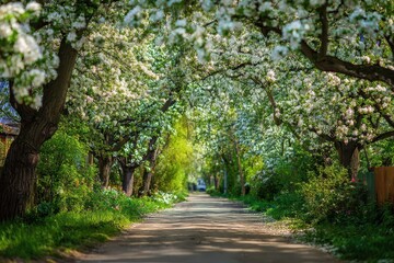 Scenic Pathway Framed by Blooming Trees in Springtime Blossom