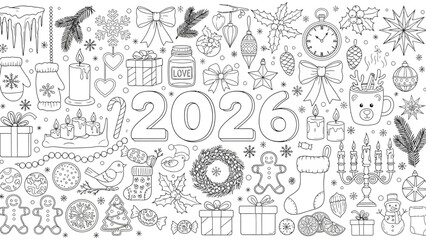 New Year 2026 and Christmas doodle set for a coloring page. Hand drawn vector illustration with winter holiday symbols