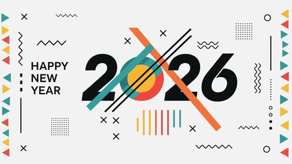 Creative Happy New Year 2026 vector illustration with colorful abstract shapes and modern geometric memphis style background