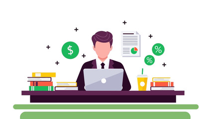 A professional accountant or businessman at an office desk working on a laptop, analyzing financial data with charts and money symbols for investment planning