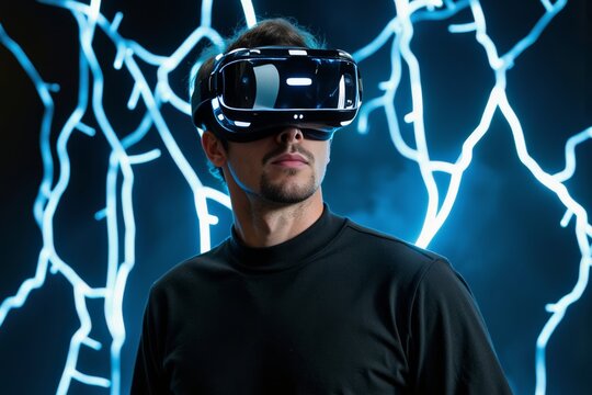 Man with futuristic virtual reality headset surrounded by glowing electric cables crackling with energy. - Powered by Adobe