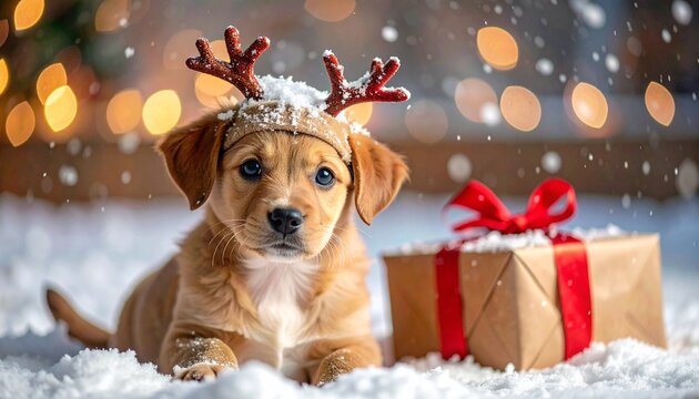 Young Brown Puppy Wearing Reindeer Antlers Beside A Wrapped Gift Box Resting In Snow With Bokeh Lights - Powered by Adobe