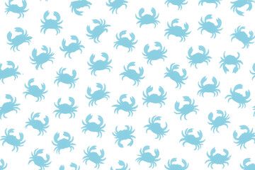 Seamless crab pattern representing marine life and seafood, light blue silhouette crustacean background, ocean concept