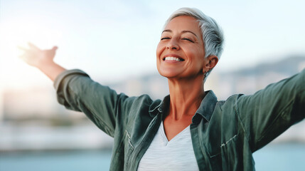 Middle aged woman celebrating weight loss, arms open, feeling freedom, achievement, and happiness outdoors