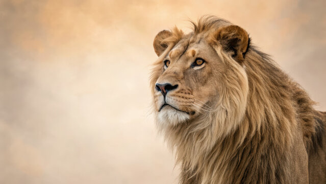 Majestic lion with flowing mane gazes intently against soft, warm toned background