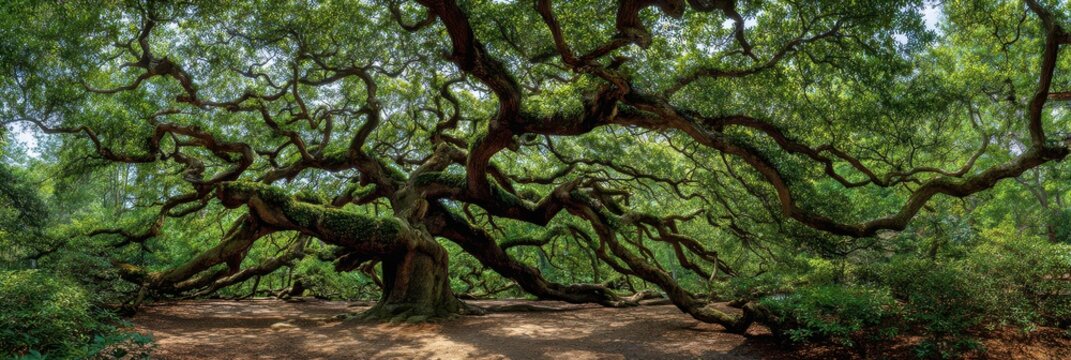 Scenic View of the Angel Oak Tree's Majestic Branches in Lush Green Landscape of South Carolina