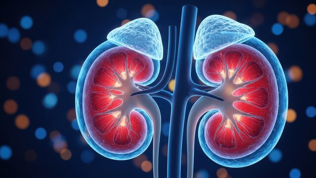 3D Medical Illustration of Human Kidneys with Adrenal Glands