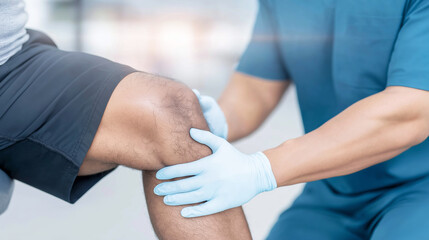 Healthcare professional examining patient's knee during orthopedic consultation for injury treatment