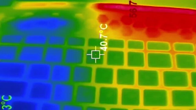 A close-up thermal imaging camera shows intense heat distribution on a laptop keyboard. The temperature fluctuates highlighting electronic hotspots in red and yellow while cooler areas remain blue.