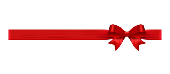 Red ribbon with bow on right side, glossy vector element for gift vouchers, coupons, promo banners, sales, packaging and festive holiday use