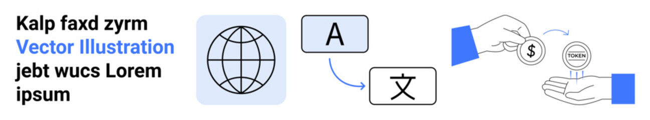 Language translation, currency exchange, global communication, financial transactions, digital commerce, multilingual services. Globe icon, language symbols and hands exchanging currency. Language
