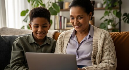 Smiling Grandmother and Grandson Looking At A Laptop Screen Together On Sofa