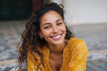 Radiant Young Woman Outdoors: Close-Up of a Smiling Hispanic Beauty in Casual Attire