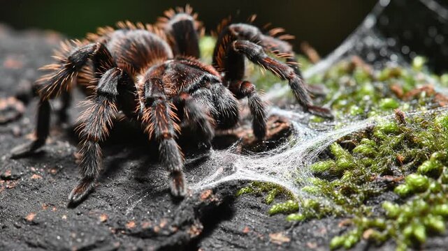 Close-up of a large, hairy tarantula on a mossy rock, showcasing its intricate details and natural habitat.