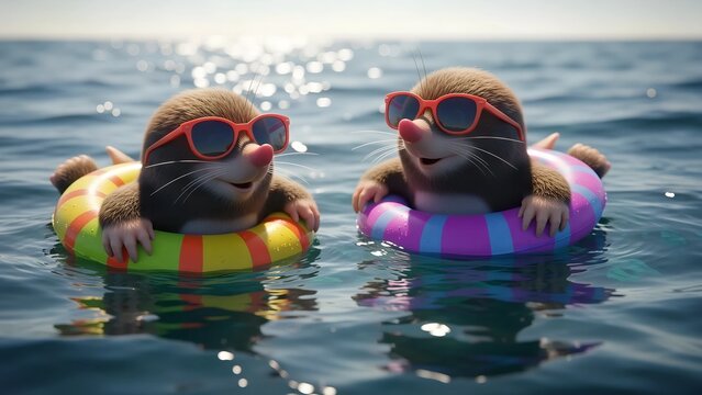 Two happy cute cartoon moles in sunglasses floating on inflatable rings in blue water. Summer vacation concept or holiday travel.