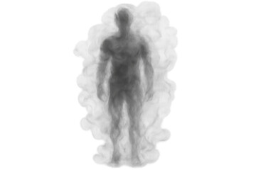 Human silhouette emerging from smoke cloud, spiritual presence, ethereal aura, transparent gray figure on alpha background