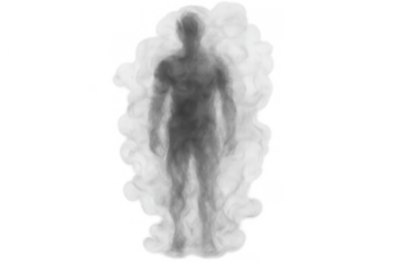 Human silhouette emerging from smoke cloud, spiritual presence, ethereal aura, transparent gray figure on alpha background