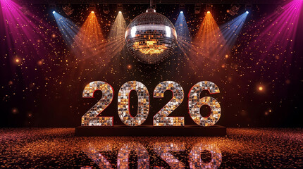 Festive New Year celebration scene with large illuminated 2026 numbers, disco ball, colorful stage lights and sparkling confetti creating a vibrant party atmosphere and glamorous holiday mood