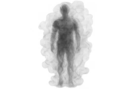 Human silhouette emerging from smoke cloud, spiritual presence, ethereal aura, transparent gray figure on alpha background - Powered by Adobe
