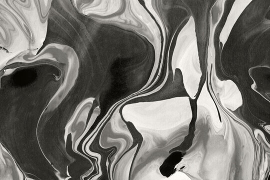 Abstract monochrome paint marbling background. Fluid black and white ink pattern for creative design, texture, modern art concept, wallpaper, color of the year 2026.