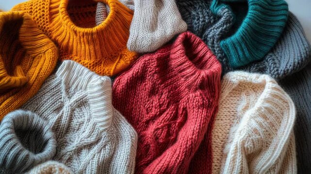 Video A pile of sweaters stacked on top of each other, great for background or still life