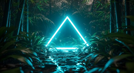 Illuminated Triangle in Tropical Jungle A Surreal Blend of Nature and Neon Light