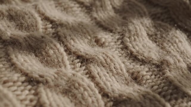 Close-up of a textured knitted fabric with a cable knit pattern in neutral tones.