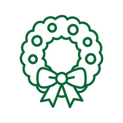 Festive green line art Christmas wreath adorned with a charming bow
