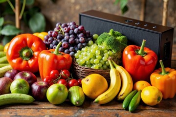 Vibrant display of farm-fresh produce neatly arranged on a rustic wooden table, accompanied by ambient music from a wireless speaker
