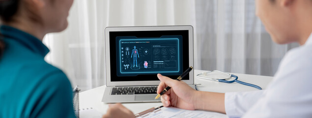 Medical science technology and futuristic healthcare virtual computer software analyze human health and diagnose disease for doctor data and medical research. brisk