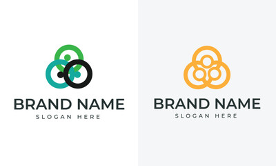 Two logo designs with overlapping circles in green teal black and orange yellow on white backgrounds