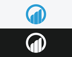 Blue and white circular logo with three ascending bars symbol icon