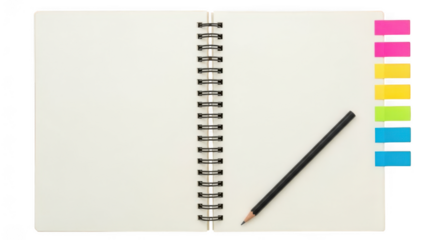 Notebook with blank pages, pencil, and colorful page markers