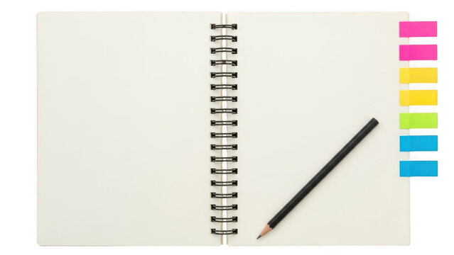Notebook with blank pages, pencil, and colorful page markers