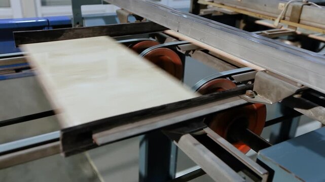 Ceramic tile manufacturing plant. The process of making ceramic tiles. A production line or conveyor belt at a ceramic and porcelain tile factory. Ceramic Tile Making Machine Conveyer Line. Close-up.