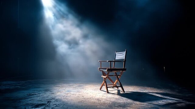 Empty director's chair under a dramatic spotlight in a dark, smoky studio, symbolizing theatre, film, and production.