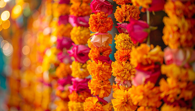 Navratri floral decoration with vibrant marigolds, jasmine strands, holiday design, Gudi Padwa