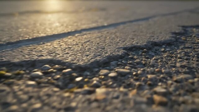 Close-up of asphalt road surface with sunlight reflecting.