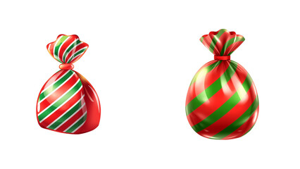 Festive glossy Christmas candy bag with red and green stripes, shiny wrapping, and decorative premium style perfect for holiday creative projects isolated transparent background, editable vector 