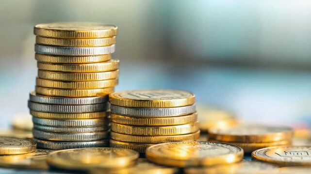 Video A stack of coins placed on a flat surface, ideal for financial or economic s