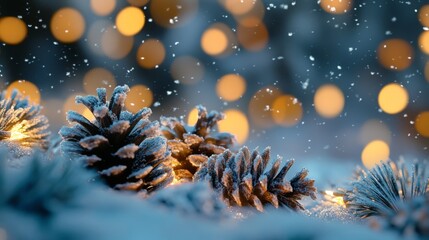 Close-up of snow-covered pine cones on fir branches with falling snow and a magical golden bokeh in the light of fairy lights. Winter, Christmas, and New Year's background.