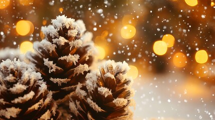 Close-up of snow-covered pine cones on fir branches with falling snow and a magical golden bokeh in the light of fairy lights. Winter, Christmas, and New Year's background.