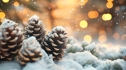 Close-up of snow-covered pine cones on fir branches with falling snow and a magical golden bokeh in the light of fairy lights. Winter, Christmas, and New Year's background.