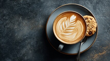 Stunningly perfect latte art with a chocolate chip cookie rests on a moody, dark textured background for amazing copy space