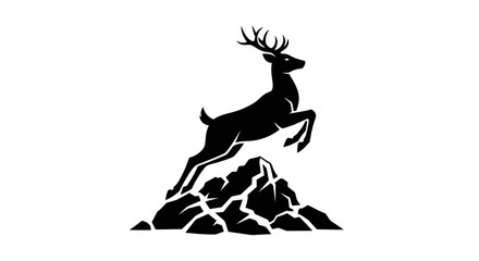 Black silhouette of a majestic deer leaping over rocky mountains.